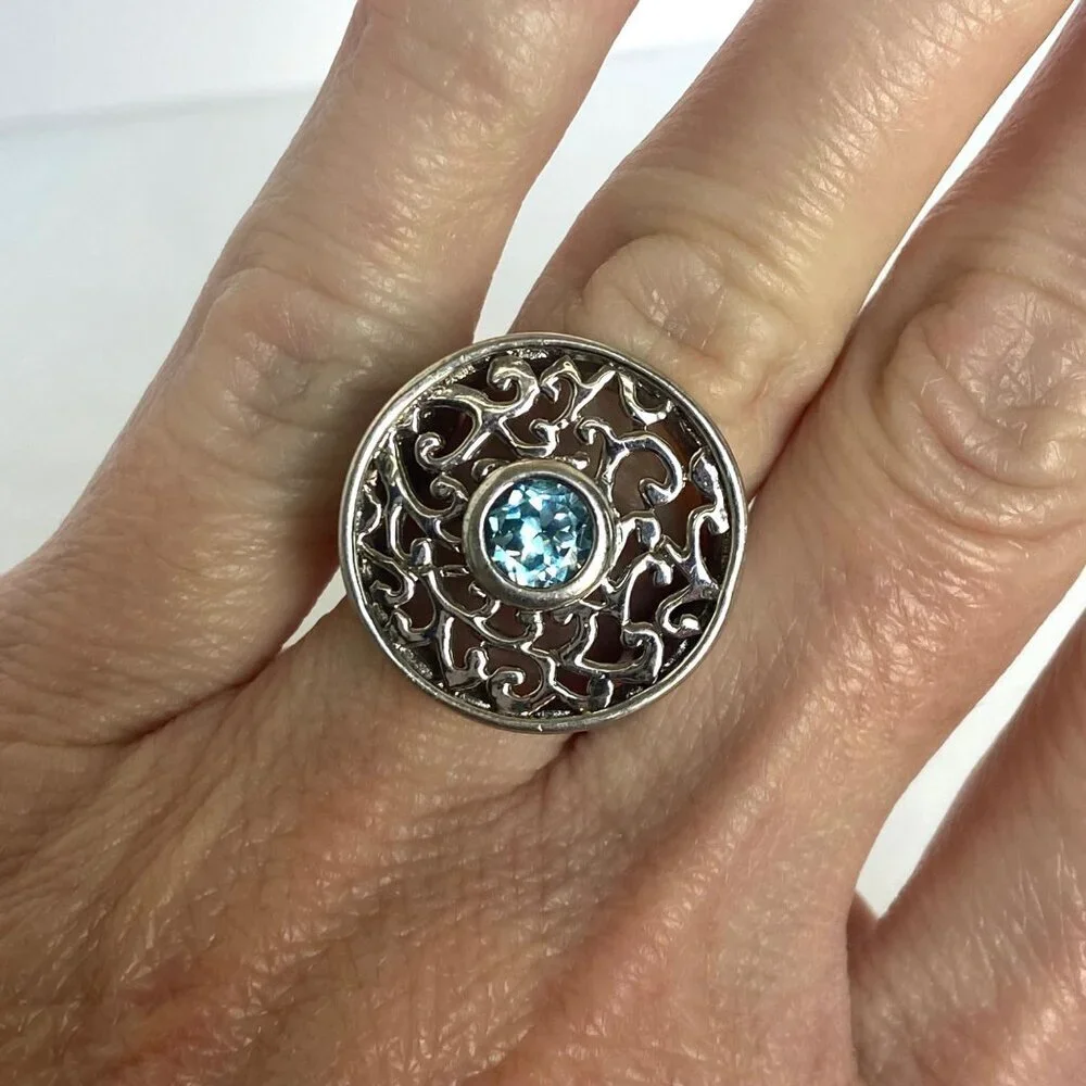Sterling Silver 925 Round Blue Topaz Scrollwork Wide Band Statement Ring Sz 5.75